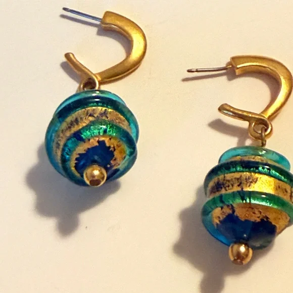 Vintage Blue and Gold Murano Ball Earrings - Picture 4 of 5